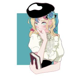 Rule 34 | 1girl, aqua eyes, aqua nails, beret, black hat, blonde hair, blue flower, blue hair, blush, book, commandant teste (kancolle), earrings, flower, hat, heart, highres, holding, holding book, jewelry, kantai collection, long hair, looking at viewer, multicolored hair, multiple girls, nail polish, nanakoma, red hair, shirt, short sleeves, simple background, solo, two-tone background, upper body, white shirt