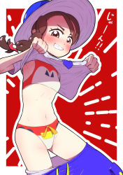 Rule 34 | 1girl, armpits, asymmetrical hair, bikini, bikini under clothes, blue hat, blue necktie, blue shorts, blush, border, braid, breasts, brown eyes, brown hair, clothes lift, clothes pull, collarbone, cowboy shot, creatures (company), drawstring, emphasis lines, female focus, fuecoco, fumirumochigashin, game freak, grin, hair ornament, hairclip, hands up, happy, hat, highres, japanese text, juliana (pokemon), lifting own clothes, looking at viewer, matching hair/eyes, navel, necktie, nintendo, outline, outside border, pocket, pokemon, pokemon sv, red background, red bikini, shirt, shirt lift, short sleeves, shorts, shorts pull, side braid, simple background, single braid, small breasts, smile, solo, standing, stomach, sun hat, swept bangs, swimsuit, swimsuit under clothes, talking, teeth, translation request, v-shaped eyebrows, white border, white outline, white shirt
