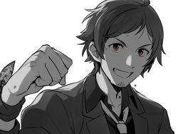 Rule 34 | 1boy, asada hachi, clenched hand, collarbone, collared shirt, commentary request, facial hair, grey background, greyscale, grin, hand up, idolmaster, idolmaster side-m, jacket, long sleeves, looking at viewer, loose neckwear, male focus, monochrome, necktie, red eyes, shirt, short hair, simple background, smile, solo, spot color, stubble, sweat, tendo teru, twitter username, upper body, watermark