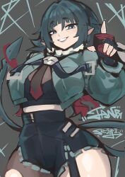 1girl absurdres animal_ears asymmetrical_legwear black_garter_straps black_gloves black_shorts combat_knife cowboy_shot crop_top cropped_jacket fingerless_gloves fur_collar garter_straps gloves green_eyes green_hair green_jacket grin hair_between_eyes hair_intakes hand_up hashimoto_seigi high-waist_shorts highres holding holding_knife index_finger_raised jacket jane_doe_(zenless_zone_zero) knife long_sleeves looking_at_viewer medium_bangs mouse_ears mouse_girl mouse_tail multicolored_hair necktie outline pantyhose pantyhose_under_shorts puffy_long_sleeves puffy_sleeves red_hair short_shorts shorts single_garter_strap single_leg_pantyhose smile solo striped_clothes tail torn_clothes torn_pantyhose vertical-striped_clothes weapon zenless_zone_zero zipper
