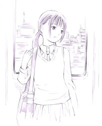Rule 34 | 1girl, bag, bookbag, monochrome, original, ponytail, school uniform, sketch, skirt, solo, traditional media, yoshitomi akihito