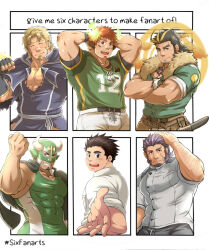 Rule 34 | american football uniform, animal ears, arm hair, bara, blonde hair, blush, brown eyes, brown hair, clenched hand, closed eyes, closed mouth, collared shirt, commentary, covered abs, cow boy, cow ears, cow horns, crossed arms, exio (live a hero), eye black, facial hair, fake animal ears, feather necklace, fiery horns, glowing horns, goatee, green eyes, green shirt, halo, halo behind head, hand on own head, highres, horns, ikusaba daisuke, jacob (housamo), jewelry, large pectorals, live a hero, long sideburns, looking at viewer, male focus, multiple drawing challenge, muscular, muscular male, necklace, open mouth, pectoral cleavage, pectorals, pov, protagonist (f-kare), purple hair, red eyes, shirt, short hair, short sleeves, shoukan yuusha to f-kei kareshi, sideburns, singlet, six fanarts challenge, sleeves rolled up, smile, spiked hair, sportswear, sunfight0201, taurus mask, thick eyebrows, tight clothes, tokyo houkago summoners, upper body, wakan tanka, white background, white shirt, wrestling mask, wrestling outfit, yamasachihiko (housamo)