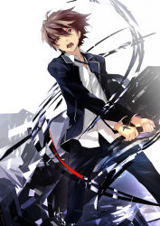 Rule 34 | 10s, 1boy, brown hair, guilty crown, highres, jacket, male focus, necktie, official art, open clothes, open jacket, ouma shuu, red eyes, redjuice, school uniform, solo, weapon