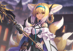 Rule 34 | 1girl, animal ears, arknights, bad id, bad pixiv id, black gloves, blonde hair, blouse, blue hairband, building, chagara, city, cloak, commentary, cowboy shot, dutch angle, earpiece, fox ears, fox tail, gloves, hairband, holding, holding staff, holding weapon, infection monitor (arknights), looking at viewer, material growth, multiple tails, night, open mouth, oripathy lesion (arknights), outdoors, pouch, shirt, single glove, solo, staff, standing, suzuran (arknights), tactical clothes, tail, twitter username, weapon, white cloak, white shirt, wristband, yellow eyes