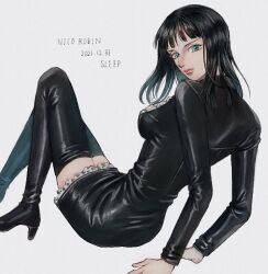 Rule 34 | 1girl, bad id, bad twitter id, black dress, black hair, blue eyes, blunt bangs, boots, character name, dated, dress, high heel boots, high heels, leather dress, long sleeves, looking back, medium hair, nico robin, one piece, simple background, sitting, sleep humubo, solo, thigh boots, white background