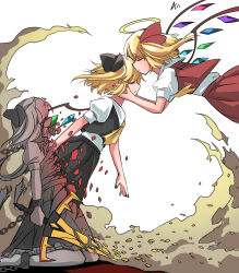 Rule 34 | 1girl, a-xii, alternate color, ascot, black nails, black skirt, black vest, blonde hair, chain, chained, chained legs, closed eyes, flandre scarlet, from side, halo, hands on another&#039;s cheeks, hands on another&#039;s face, highres, holding, holding sword, holding weapon, medium hair, multicolored wings, nail polish, no headwear, pantyhose, red nails, red skirt, red vest, shirt, simple background, skirt, skirt set, sword, touhou, vest, weapon, white background, white pantyhose, white shirt, wings, yellow ascot, yellow halo