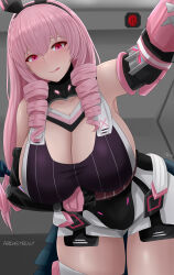 Rule 34 | 1girl, :q, archstreal, ayla: kaleido (punishing: gray raven), ayla (punishing: gray raven), bare shoulders, bent over, black gloves, blush, breasts, cleavage, drill hair, elbow gloves, gloves, highres, huge breasts, long hair, looking at viewer, pink eyes, pink hair, punishing: gray raven, smile, solo, thighs, tongue, tongue out