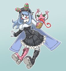 Rule 34 | 1girl, appmon, blue hair, blue skin, boots, breasts, cleavage, colored skin, demon girl, digimon, digimon universe: appli monsters, dress, fang, female focus, full body, gothic lolita, hair ornament, hair over one eye, kaz (shade), large breasts, lolita fashion, long hair, looking at viewer, mienumon, open mouth, pointy ears, puppet, smile, solo, yellow eyes