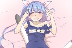 Rule 34 | 10s, 1girl, bed sheet, blue hair, blush, breasts, breath, double v, hair ribbon, i-19 (kancolle), kantai collection, large breasts, long hair, lying, multicolored hair, on back, one-piece swimsuit, open mouth, personification, red eyes, ribbon, sakurea, saliva, school swimsuit, smile, solo, sweat, swimsuit, tears, torpedo, twintails, v