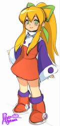Rule 34 | 1girl, agawa ryou, artist name, bad id, bad tumblr id, blonde hair, blush, boots, closed mouth, commentary request, dress, full body, green eyes, hair ribbon, long hair, long sleeves, looking at viewer, mega man (classic), mega man (series), ponytail, red dress, ribbon, roll (mega man), signature, simple background, sleeves past wrists, smile, solo, standing, white background, wide sleeves