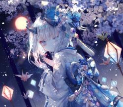Rule 34 | 1girl, animal, blue bow, blue eyes, blue flower, bow, bug, butterfly, closed mouth, commentary request, copyright request, dutch angle, flower, hair flower, hair ornament, hands up, highres, horns, bug, japanese clothes, kimono, long hair, long sleeves, looking at viewer, looking back, night, night sky, onineko, origami, paper crane, pink flower, ribbon-trimmed sleeves, ribbon trim, silver hair, sky, solo, white kimono, wide sleeves