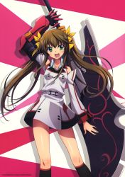 Rule 34 | 1girl, :d, arm up, black socks, bow, brown hair, detached sleeves, dress, fang, floating hair, gauntlets, green eyes, grey dress, grey sleeves, hair between eyes, hair bow, highres, holding, holding weapon, huang lingyin, infinite stratos, kneehighs, long hair, long sleeves, official art, open mouth, shiny skin, short dress, sleeveless, sleeveless dress, smile, socks, solo, standing, twintails, uniform, very long hair, weapon, yellow bow