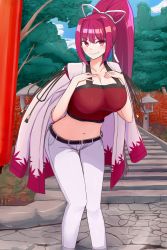 Rule 34 | 1girl, 22806, belt, breast suppress, breasts, camisole, capri pants, cleavage, cloud, graphite (medium), hair intakes, hair ribbon, high ponytail, highres, jacket, jacket on shoulders, large breasts, looking at viewer, mechanical pencil, midriff, navel, outdoors, pants, pencil, purple eyes, purple hair, red camisole, ribbon, sky, smirk, solo, stairs, stone floor, stone lantern, stone stairs, traditional media, tree, under night in-birth, white pants, yuzuriha (under night in-birth)