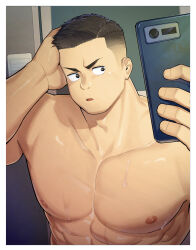 Rule 34 | 1boy, abs, absurdres, bara, black hair, border, cellphone, collarbone, commentary request, crew cut, facing viewer, hand on own head, hands up, highres, holding, holding phone, indoors, large pectorals, male focus, muscular, muscular male, nipples, original, parted lips, pectorals, phone, sarukichi 6401, selfie, shiny skin, short hair, sideburns, sideways glance, smartphone, solo, sweat, topless male, upper body, white border