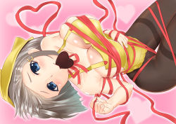 Rule 34 | 10s, 1girl, apron, blue eyes, bound, breasts, candy, chocolate, chocolate heart, food, hair ornament, hairclip, hamakaze (kancolle), head scarf, heart, highres, kantai collection, large breasts, naked apron, no panties, pantyhose, ribbon, short hair, silver hair, sin (kami148), skindentation, solo, tied up