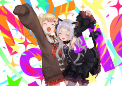 Rule 34 | 2girls, :d, ^ ^, animal ear fluff, animal ears, arm up, armpits, black bow, black dress, black ribbon, blonde hair, bow, brown cardigan, cardigan, cat ears, cat girl, cat tail, closed eyes, commentary request, cowboy shot, detached sleeves, dress, fang, flower, frilled dress, frills, grey legwear, hair ornament, hair ribbon, hairclip, halterneck, hololive, long hair, long sleeves, momosuzu nene, momosuzu nene (casual), multiple girls, murasaki shion, murasaki shion (gothic lolita), neckerchief, open mouth, pantyhose, plaid, plaid skirt, red neckerchief, red skirt, ribbon, sailor collar, silver hair, skirt, sleeveless, sleeveless dress, sleeves past fingers, sleeves past wrists, smile, standing, tail, tail bow, tail ornament, tail raised, totteri, v-shaped eyebrows, virtual youtuber, white flower, white sailor collar