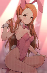 Rule 34 | 1girl, absurdres, animal ears, armpits, bare shoulders, blush, bow, bowtie, brown eyes, brown hair, brown pantyhose, closed mouth, covered navel, detached collar, fake animal ears, fake tail, female focus, fishnet pantyhose, fishnets, forehead, frown, heavy breathing, high heels, highres, idolmaster, idolmaster (classic), leotard, long hair, looking at viewer, minase iori, on one knee, oversized breast cup, pantyhose, pink bow, pink bowtie, pink footwear, pink leotard, playboy bunny, rabbit ears, rabbit tail, solo, strapless, strapless leotard, tail, tengu (tetuo kun), thighs, very long hair, wrist cuffs