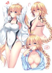 Rule 34 | 1girl, :o, ^^^, ahoge, angry, armpits, arms up, ass, bare back, bikini, bikini top only, black bikini, black ribbon, blonde hair, blue eyes, blue jacket, blush, bottomless, braid, breast hold, breasts, breasts apart, cleavage, closed mouth, coat, collarbone, commentary request, competition swimsuit, covered navel, cropped legs, fate/grand order, fate (series), finger to mouth, fume, hair between eyes, halterneck, jacket, jeanne d&#039;arc (fate), jeanne d&#039;arc (ruler) (fate), jeanne d&#039;arc (swimsuit archer) (fate), jeanne d&#039;arc (swimsuit archer) (first ascension) (fate), jeanne d&#039;arc (swimsuit archer) (second ascension) (fate), long hair, long sleeves, looking at viewer, looking to the side, multiple views, naked coat, no bra, one-piece swimsuit, open mouth, ribbon, sideboob, simple background, single braid, smile, spoken blush, strap gap, swimsuit, tetranono, thighs, unzipped, v-shaped eyebrows, very long hair, white background, white jacket, white one-piece swimsuit, zipper