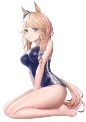 Rule 34 | 1girl, absurdres, animal ears, bare legs, barefoot, between legs, blonde hair, blue bow, blue eyes, blue one-piece swimsuit, blush, bow, braid, breasts, commentary request, competition school swimsuit, ear bow, feet, from side, full body, gibun (sozoshu), gold city (umamusume), hair ornament, hair scrunchie, hand between legs, highres, horse ears, horse girl, horse tail, large breasts, long hair, looking at viewer, one-piece swimsuit, parted bangs, parted lips, school swimsuit, scrunchie, side braid, single braid, solo, swept bangs, swimsuit, tail, thighs, transparent background, umamusume, v arms, wet, wet clothes, wet swimsuit