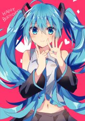 Rule 34 | 1girl, ahoge, bare shoulders, black skirt, black sleeves, blue eyes, blue hair, blue nails, blush, closed mouth, collared shirt, commentary request, detached sleeves, grey shirt, hair between eyes, hands up, happy birthday, hatsune miku, heart, highres, long hair, long sleeves, looking at viewer, nail polish, navel, pleated skirt, red background, shirt, simple background, skirt, sleeveless, sleeveless shirt, smile, solo, twintails, very long hair, vocaloid, wide sleeves, yuruno