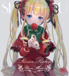 Rule 34 | 1girl, black ribbon, blonde hair, blue eyes, blush, bow, capelet, character name, closed mouth, covered mouth, dress, ekita kuro, flower, flower over mouth, frilled sleeves, frills, green bow, grey background, hair ribbon, hands up, headdress, holding, holding flower, jewelry, long hair, long sleeves, looking at viewer, red dress, red flower, red rose, ribbon, ring, ringlets, rose, rozen maiden, shinku, sidelocks, simple background, solo, tsurime, twintails, upper body, very long hair
