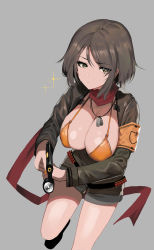 Rule 34 | 1girl, absurdres, ammunition belt, armband, bad id, bad pixiv id, belt, bikini, bikini top only, black footwear, breasts, brown hair, brown jacket, cleavage, closed mouth, collarbone, commentary request, dog tags, flashlight, glint, green eyes, grey background, halterneck, highres, holding, ihobus, jacket, large breasts, leg up, long sleeves, looking at viewer, open clothes, open jacket, orange bikini, original, red scarf, scarf, shoes, short hair, short shorts, shorts, sidelocks, simple background, solo, swimsuit, taser, thighs