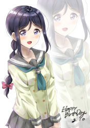 Rule 34 | 10s, 1girl, :d, black hair, blouse, blue neckwear, blush, bow, braid, braided ponytail, collarbone, commentary request, dated, green shirt, grey sailor collar, grey skirt, hair between eyes, hair bow, happy birthday, highres, long hair, long sleeves, love live!, love live! sunshine!!, low ponytail, matsuura kanan, open mouth, pink bow, pleated skirt, purple eyes, sailor collar, school uniform, serafuku, shirt, sidelocks, simple background, sin (sin52y), single braid, skirt, smile, solo, uranohoshi school uniform, very long hair, white background, zoom layer