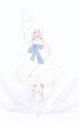 Rule 34 | 1girl, barefoot, collarbone, dress, flower, highres, long hair, nier, nier (series), nobi (ro as), open mouth, silver hair, simple background, smile, solo, white background, white dress, yonah