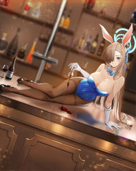 Rule 34 | 1girl, animal ears, asuna (blue archive), asuna (bunny) (blue archive), black footwear, black pantyhose, blue archive, blue bow, blue bowtie, blue leotard, bottle, bow, bowtie, breasts, cup, detached collar, drinking glass, fake animal ears, gloves, hair over one eye, halo, high heels, highleg, highleg leotard, highres, holding, holding cup, l (twintilde), large breasts, leotard, light brown hair, long hair, mole, mole on breast, pantyhose, playboy bunny, pouring, solo, strapless, strapless leotard, thighband pantyhose, traditional bowtie, very long hair, white gloves, wine glass