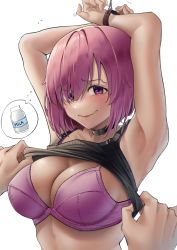 Rule 34 | 1boy, 1girl, absurdres, armpits, arms up, assisted exposure, bare arms, black choker, black shirt, blush, bra, breasts, choker, clothes lift, commentary request, eyes visible through hair, fate/grand order, fate (series), hair over one eye, harris hero, highres, large breasts, lifting another&#039;s clothes, looking at viewer, mash kyrielight, parted lips, pov, purple bra, purple eyes, purple hair, shirt, shirt lift, short hair, simple background, sleeveless, sleeveless shirt, solo focus, underwear, upper body, white background