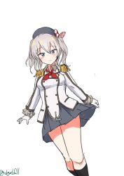Rule 34 | 1girl, absurdres, beret, black socks, blue eyes, feet out of frame, grey hair, grey hat, grey skirt, hat, highres, jacket, kantai collection, kashima (kancolle), long hair, looking at viewer, military jacket, military uniform, neckerchief, pleated skirt, red neckerchief, robinson (day l full), shirt, simple background, skirt, socks, solo, standing, twintails, twitter username, uniform, wavy hair, white background, white shirt