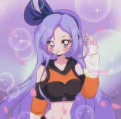 Rule 34 | 1990s (style), 1girl, blurry, blurry background, blush, borrowed character, bow, breasts, bubble background, candy, cresscin, food, hair bow, hairband, hand up, highres, hood, hoodie, lollipop, long hair, looking at viewer, medium breasts, midriff, bae minah (chaesu), navel, orange hoodie, original, petals, purple background, purple eyes, purple hair, retro artstyle, sleeves past wrists, solo, sparkle background, upper body, very long hair