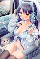 Rule 34 | 1girl, absurdres, animal ear headphones, animal ears, aqua ribbon, bare shoulders, black bow, black ribbon, black thighhighs, blush, bow, braid, breasts, cat, cat ear headphones, cat ears, chair, cleavage, collarbone, computer, controller, desk, eyelashes, fake animal ears, fang, female focus, frilled panties, frills, fur-trimmed sleeves, fur trim, gaming chair, groin, hair between eyes, hair ribbon, headphones, heterochromia, highres, hood, hoodie, computer keyboard, large breasts, lingerie, long hair, long sleeves, looking at viewer, low-tied long hair, low twintails, midriff, mole, mole under eye, monitor, navel, open mouth, panties, purple hair, raised eyebrows, ribbon, see-through, shanghai bisu, sitting, skindentation, smile, solo, stomach, swivel chair, tagme, teeth, thick thighs, thighhighs, thighs, tongue, twin braids, twintails, underwear, yellow eyes
