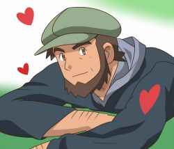 Rule 34 | 1boy, arm hair, beard, blush, brown eyes, brown hair, closed mouth, commentary request, creatures (company), facial hair, game freak, green hat, hat, heart, looking at viewer, lying, male focus, meyer (pokemon), nintendo, on stomach, pokemon, pokemon (anime), pokemon xy (anime), shigure (ojshigu), shirt, short hair, smile, solo, upper body, valentine