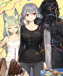 Rule 34 | 1boy, 2girls, ^ ^, animal ear fluff, animal ears, arknights, asicah, bare arms, bare shoulders, black gloves, black jacket, black shirt, blush, box, breasts, cake, camisole, cheek pull, closed eyes, commentary, confetti, doctor (arknights), english commentary, food, gift, gift box, gloves, grani (arknights), green hair, grey hair, grey pants, grey shirt, grin, hair between eyes, hand on own hip, hood, hood up, hooded jacket, jacket, large breasts, long hair, long sleeves, multiple girls, pants, parted lips, pointing, red eyes, shirt, shorts, simple background, skadi (arknights), smile, streamers, thumbs up, very long hair, white camisole, white shorts, yellow background
