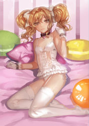 Rule 34 | 1girl, ass, babydoll, blonde hair, breasts, brown eyes, collar, deras, garter straps, gloves, hair ribbon, heart-shaped lock, lingerie, lock, long hair, original, panties, ribbon, small breasts, solo, thighhighs, twintails, underwear, white thighhighs