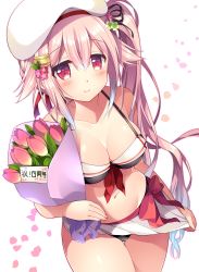 Rule 34 | 10s, 1girl, adapted costume, bikini, black bikini, black panties, blue hair, blush, breasts, cherry blossoms, cleavage, closed mouth, clothes pull, collarbone, flower, from above, gradient hair, hair ornament, hairclip, harusame (kancolle), highres, kantai collection, long hair, medium breasts, miniskirt, multicolored hair, navel, panties, pink eyes, pink hair, ringo sui, side ponytail, skirt, skirt pull, solo, swimsuit, underwear, very long hair, white hair, white skirt