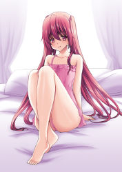 Rule 34 | 1girl, bare legs, barefoot, highres, hori hiroaki, legs, long hair, nightgown, on bed, original, panties, pillow, red eyes, red hair, sitting, smile, solo, twintails, underwear, very long hair