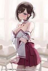 Rule 34 | 1girl, arm under breasts, armpit crease, backlighting, bare shoulders, blue eyes, blush, bow, bowtie, breasts, brown hair, chair, chigusa minori, choker, classroom, cleavage, closed curtains, closed mouth, commentary request, cowboy shot, curtains, desk, detached sleeves, frilled choker, frills, futago matomete kanojo ni shinai?, hair bow, highres, holding own arm, large breasts, looking at viewer, nontraditional miko, official art, pleated skirt, pout, red bow, red bowtie, red skirt, school, shirt, short hair, side ponytail, skirt, solo, strapless, strapless shirt, translation request, usami chikage, window