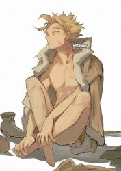 Rule 34 | 1boy, abs, artist name, barefoot, blonde hair, boku no hero academia, bottomless, closed mouth, collarbone, commentary request, completely nude, earrings, english text, expressionless, facial hair, forehead, full body, fur trim, goatee, half-closed eyes, hawks (boku no hero academia), jewelry, kadeart, crossed legs, looking afar, male focus, nude, on shoulder, pants, unworn pants, pointy nose, scar, scar on face, shadow, unworn shirt, shoes, unworn shoes, simple background, sitting, solo, spiked hair, stubble, thick eyebrows, toned, toned male, white background