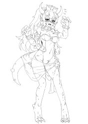 Rule 34 | 1girl, animal hands, armlet, barbariank, blush, bowsette, bracelet, claw pose, claws, collar, crown, earrings, fangs, forked eyebrows, full body, greyscale, hair between eyes, highres, horns, jewelry, leotard, long hair, looking at viewer, mario (series), monochrome, monster girl, monsterification, new super mario bros. u deluxe, nintendo, pointy ears, ponytail, purple eyes, scales, sketch, solo, spiked armlet, spiked bracelet, spiked collar, spiked shell, spiked tail, spikes, super crown, tail, turtle shell, v-shaped eyebrows