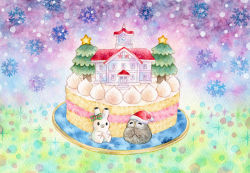 Rule 34 | absurdres, animal, bird, bow, building, rabbit, cake, christmas tree, commentary request, closed eyes, food, food focus, friends, hair bow, hat, highres, multicolored background, no humans, original, owl, own hands clasped, own hands together, painting (medium), plate, santa hat, signature, sinsousui, snowflakes, snowing, sparkle, strawberry shortcake, traditional media, watercolor (medium)