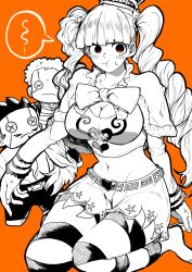 Rule 34 | 1girl, absurdres, belt, blush, breasts, button eyes, buttons, character doll, crown, dracule mihawk, greyscale, greyscale with colored background, highres, large breasts, leggings, monochrome, one piece, orange background, orange eyes, pantyhose, perona, pout, ribbon, roronoa zoro, simple background, skirt, solo, speech bubble, striped clothes, striped pantyhose, stuffed toy, sweatdrop, thighs, twintails, yotsumi shiro