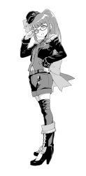Rule 34 | 1girl, adjusting eyewear, belt, boots, cropped jacket, epaulettes, female service cap, from side, full body, furrowed brow, glasses, greyscale, hair ribbon, hand on own hip, hat, kazuma muramasa, knee boots, long hair, minami mirei, monochrome, navel, parted lips, pinstripe pattern, ponytail, pretty series, pripara, ribbon, shorts, simple background, solo, standing, striped, thighhighs, v-shaped eyebrows, white background, zettai ryouiki
