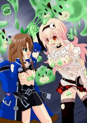 Rule 34 | 10s, 2girls, :3, :p, artist request, bare shoulders, belt, belt pouch, blush, blush stickers, bow, bra, breasts, brown hair, choker, clenched hand, coat, compa, damaged, dogoo, eye contact, green eyes, hair bow, hairband, highres, if (neptunia), long hair, looking at another, monster, multiple girls, neptune (series), nipples, no bra, open mouth, orange eyes, panties, pink hair, plaid, pleated skirt, pouch, skirt, slime, small breasts, sweater, tearing clothes, thighhighs, tongue, tongue out, torn clothes, torn legwear, turtleneck, underwear