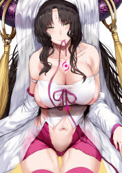Rule 34 | 10s, 1girl, bare shoulders, black hair, blush, breasts, cleavage, collarbone, detached sleeves, facial mark, fate/extra, fate/extra ccc, fate (series), forehead mark, gluteal fold, hews, highres, horns, large breasts, legs together, lips, long hair, looking at viewer, mouth hold, navel, ribbon, sessyoin kiara, sideboob, smile, solo, thigh gap, thighhighs, thighs, veil, very long hair, yellow eyes