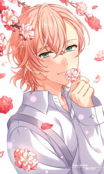 Rule 34 | 1boy, branch, commentary request, dated, falling petals, flower, green eyes, happy birthday, highres, holding, holding flower, looking at viewer, male focus, mole, mole under eye, on air!, petals, pink flower, pink hair, sakurai momose, sekina, short hair, simple background, sleeves past wrists, smile, solo, upper body, white background
