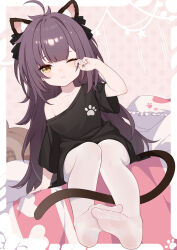 Rule 34 | 1girl, ahoge, animal ears, arm at side, between legs, black shirt, blunt bangs, brown hair, cat ears, cat girl, cat tail, closed mouth, feet, flat chest, flipped hair, full body, hand on own face, hand up, highres, legs, legs together, light blush, long hair, lxy122, off-shoulder shirt, off shoulder, on bed, one eye closed, original, pantyhose, paw print, shirt, single bare shoulder, sitting, sleepy, solo, tail, tail between legs, tearing up, white pantyhose, yellow eyes