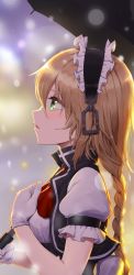 Rule 34 | 1girl, absurdres, alternate eye color, apron, blonde hair, blurry, blurry background, blush, bokeh, braid, breasts, city lights, cropped vest, depth of field, dress, from side, g36 (girls&#039; frontline), girls&#039; frontline, gloves, greem bang, green eyes, hair between eyes, highres, holding, holding umbrella, long hair, looking up, maid, maid apron, maid headdress, medium breasts, open clothes, open vest, outdoors, puffy short sleeves, puffy sleeves, red neckwear, short sleeves, sidelocks, single braid, snow, snowing, solo, tearing up, umbrella, very long hair, vest, white gloves