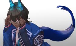 Rule 34 | 1boy, arjuna (fate), arjuna alter (fate), arjuna alter (student council president) (fate), black eyes, black hair, blue shirt, dark-skinned male, dark skin, embroidery, fate/grand order, fate (series), glasses, hair between eyes, hands on own face, highres, horns, koroponsu3, long sleeves, looking at viewer, lotus print, necktie, parted lips, shirt, simple background, tail